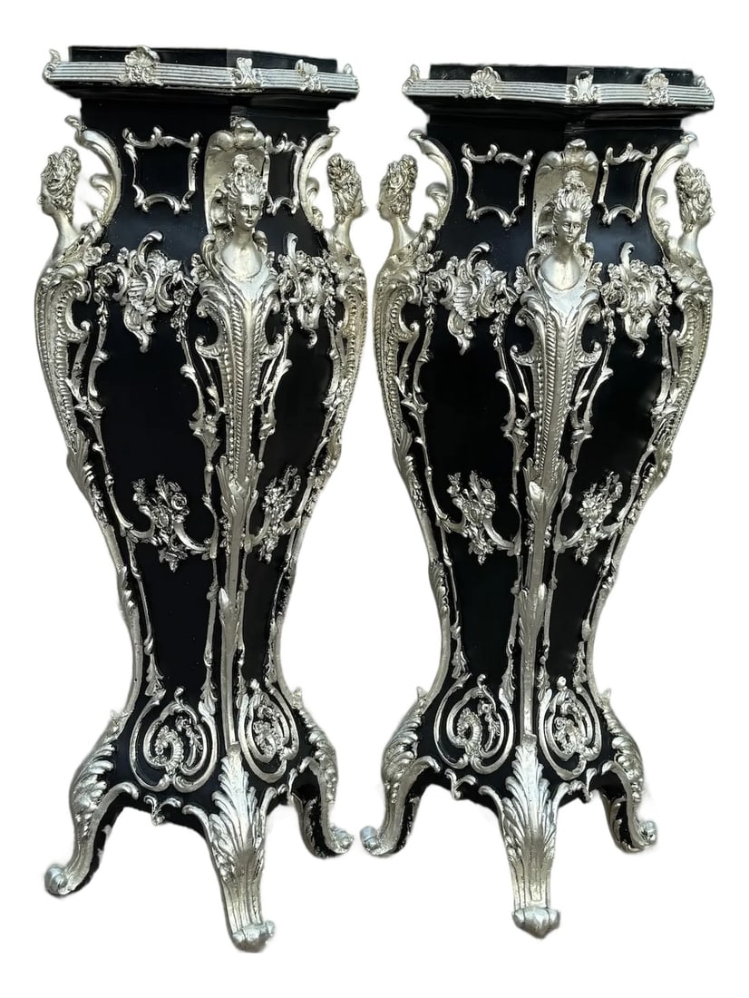 1990s Italian Baroque Black Silver Pedestals – Pair: Pair of Late 20th Century Italian Baroque-Style Pedestals in Black and Silver With Dark Marble-Effect Tops Bring refined opulence into your home with this commanding pair of Italian