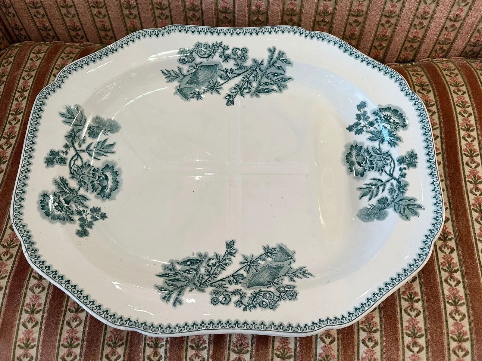 Large Green and White Spode Antique English Meat Platter - 12