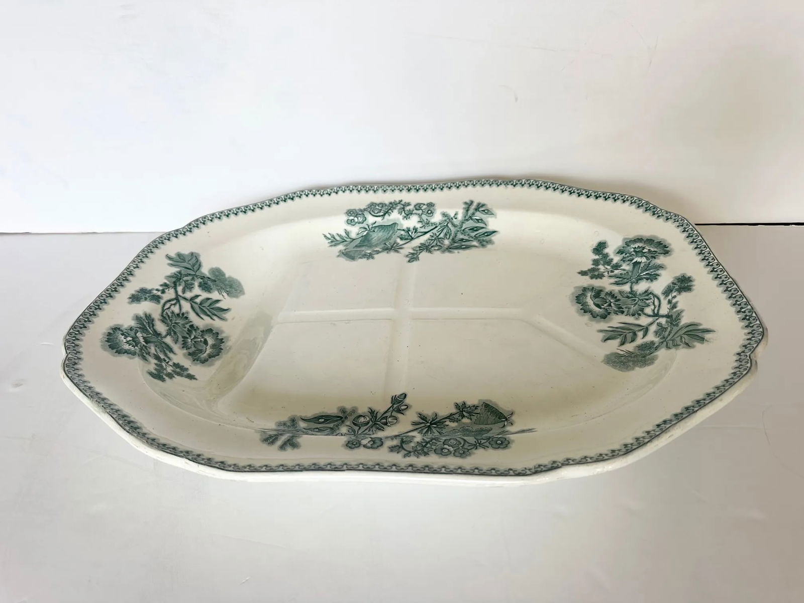 Large Green and White Spode Antique English Meat Platter - 13