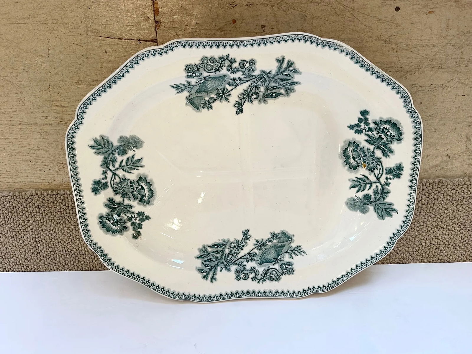 Large Green and White Spode Antique English Meat Platter - 3