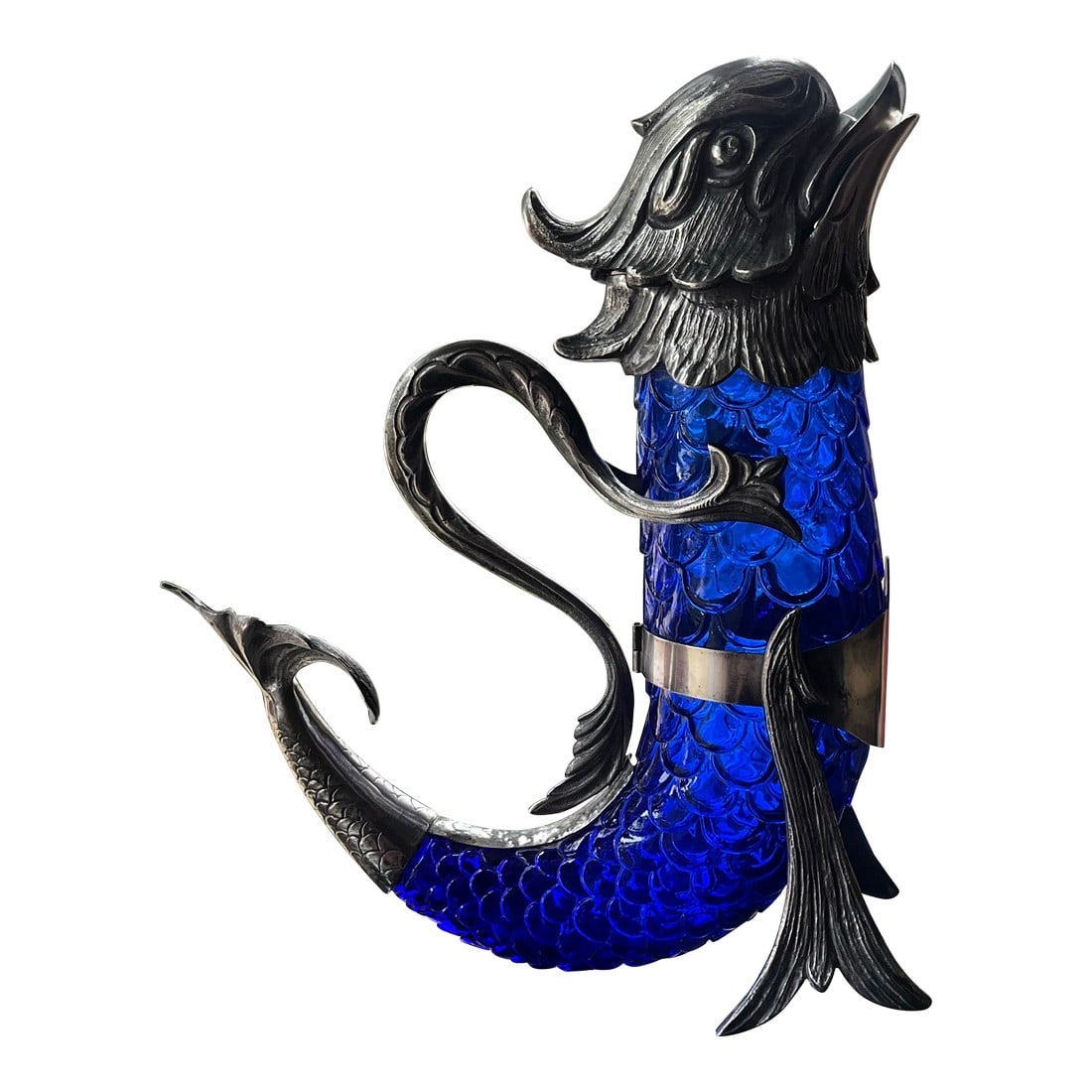 Hand-Blown Sapphire Blue Glass Claret With Silver Motifs: A masterpiece of late-Victorian design, this sterling silver and sapphire-blue glass claret jug captures the union of elegance and craftsmanship that defined the 19th-century dining table "”