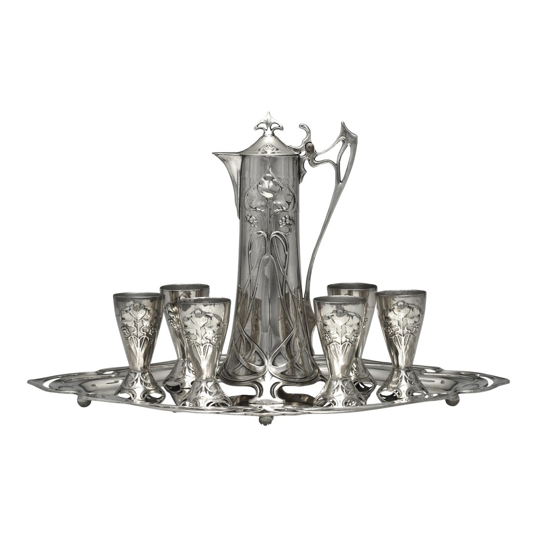 Circa 1900 WMF Art Nouveau Silverplate Liqueur Service With Tray – Jugendstil Claret Jug & 6: Elegant WMF (WÃ¼rttembergische Metallwarenfabrik) Art Nouveau silverplate liqueur service, circa 1900–1910. This Jugendstil set includes a tall claret jug with sinuous handle, six