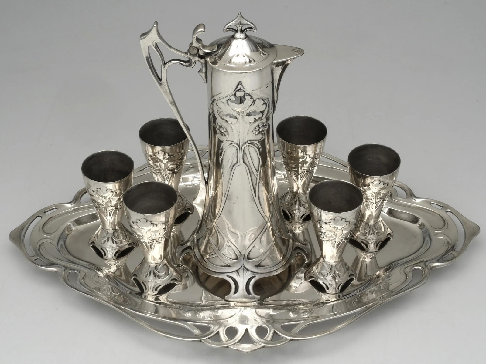 Circa 1900 WMF Art Nouveau Silverplate Liqueur Service With Tray – Jugendstil Claret Jug & 6 - 2