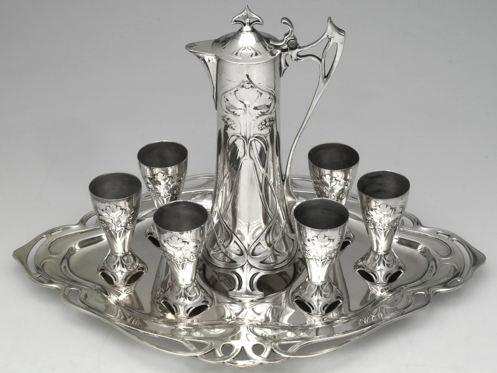 Circa 1900 WMF Art Nouveau Silverplate Liqueur Service With Tray – Jugendstil Claret Jug & 6 - 3