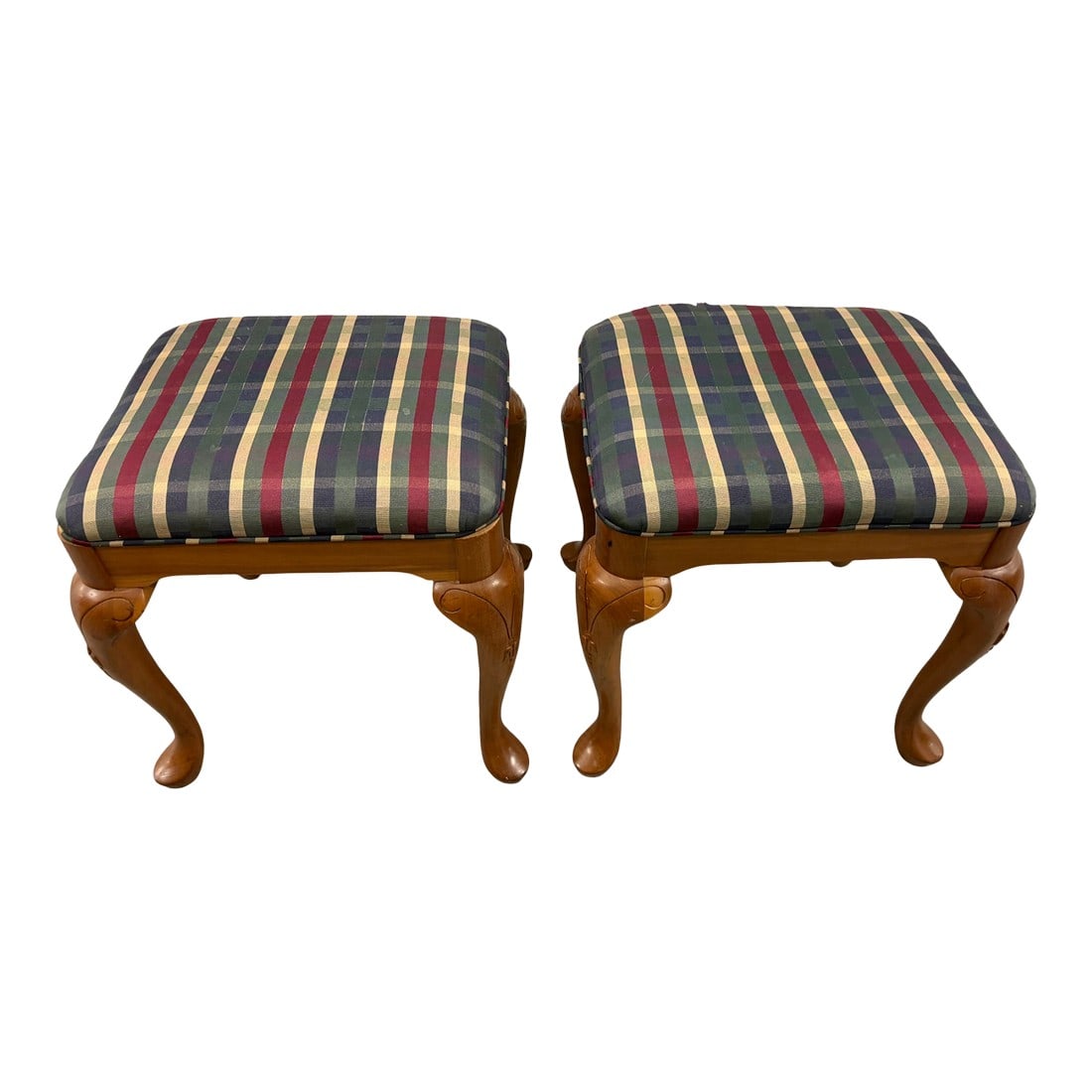 Late 20th Century Harden Queen Anne Style Stool Set, A Pair: Harden Queen Anne Style Stool Set The two Queen Anne style stools feature four cabriole legs each with padded upholstered tops. The current upholstery is plaid with piping and are in need of