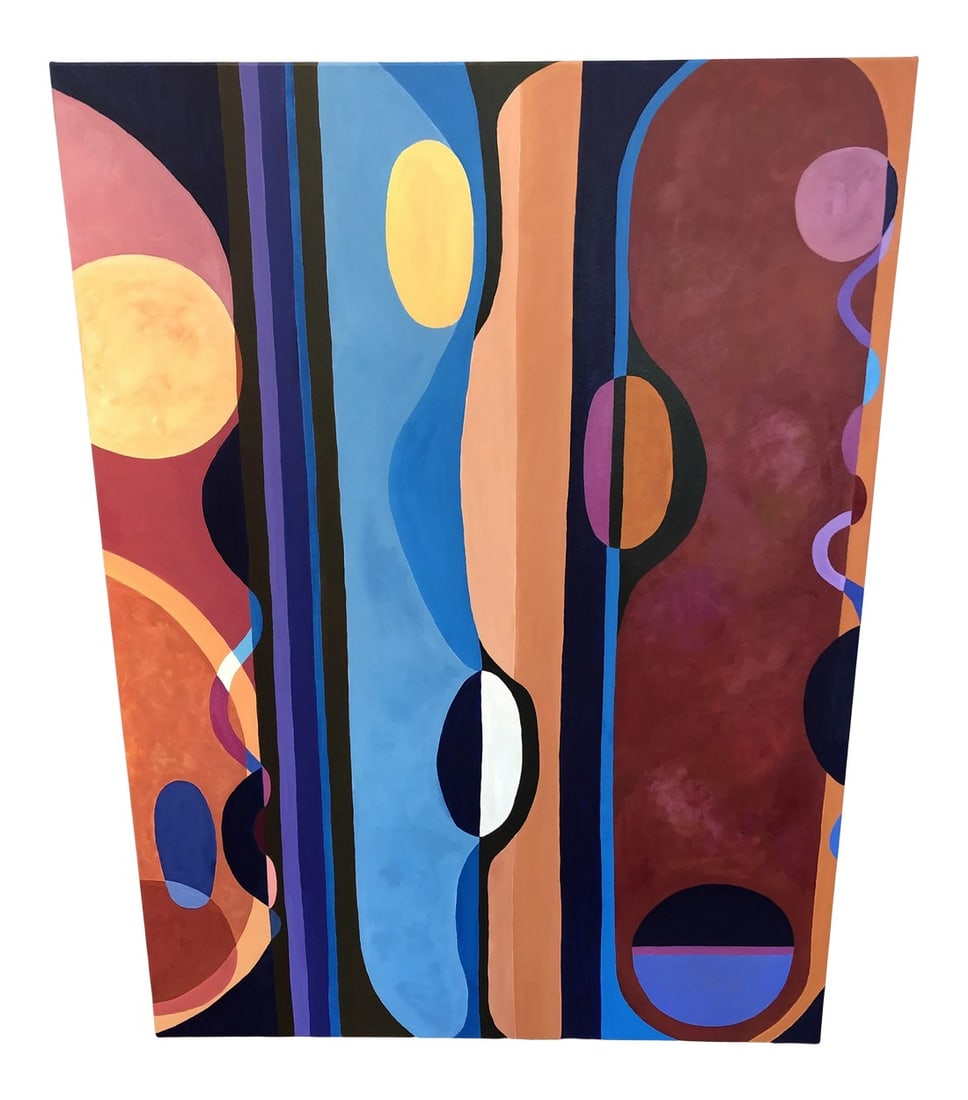 Large Bold Abstract Original Painting on Canvas: Mesmerizing large abstract painting on canvas having a marvelous composition of stripes, ovals, circles and overlapping shapes with rich colors including dark blue, electric blue, purple, deep