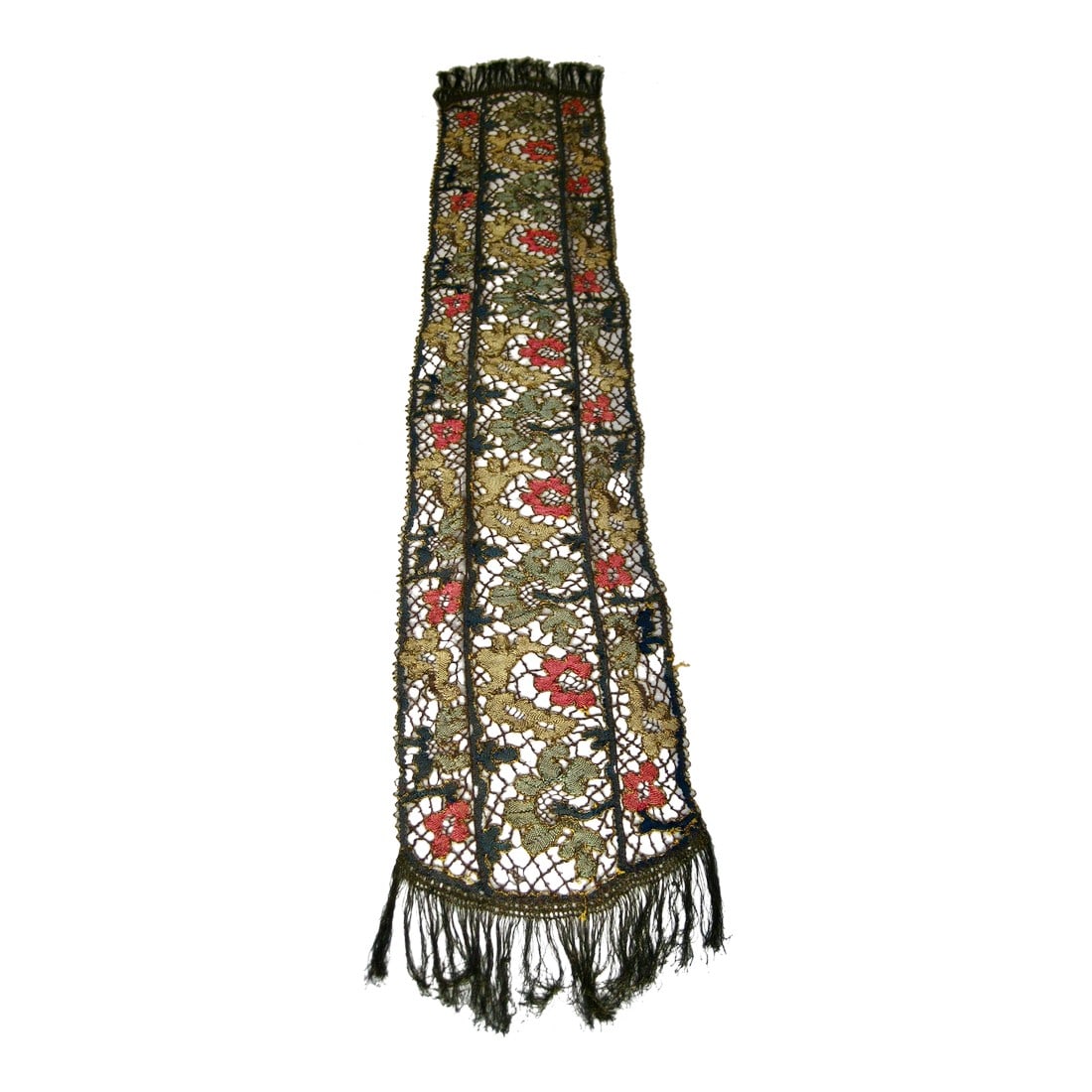 French Embroidered 1920 Table Runner: Truly a piece of art , this piece is entirely embroider , just like lace there is no a single place that is not work on , wonderful combination of materials with the mix of gold metallic and silk