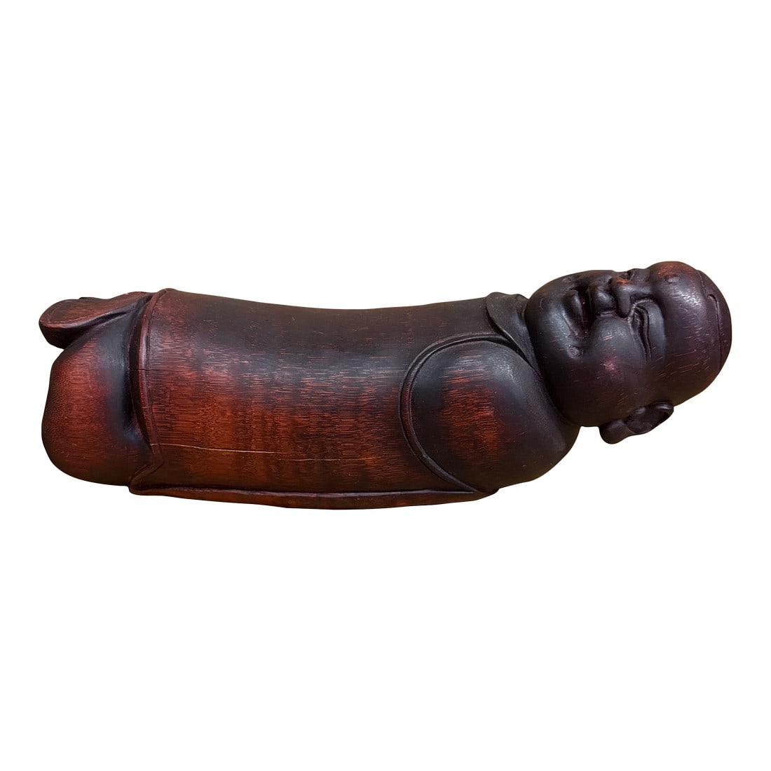 19c Buddha Chinese Head Rest- Carved From the Heart of a Palm Tree Opium Pillow.: Chinese headrest. 19c . 13.5inches long. His religious robes and associated vest suggest that he is a monk. In the 19th century, it was thought that the aesthetic properties of the headrest would