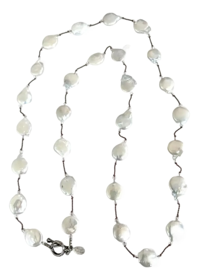 Vintage Margo Morrison Beaded Necklace Made From Freshwater Pearls and Swarovski Crystal on Sterling: A stunning freshwater pearl necklace with Swarovski crystals on delicate sterling silver chain by Margo Morrison. This long pearl necklace is a design in refined coastal beauty. Simple, delicate and