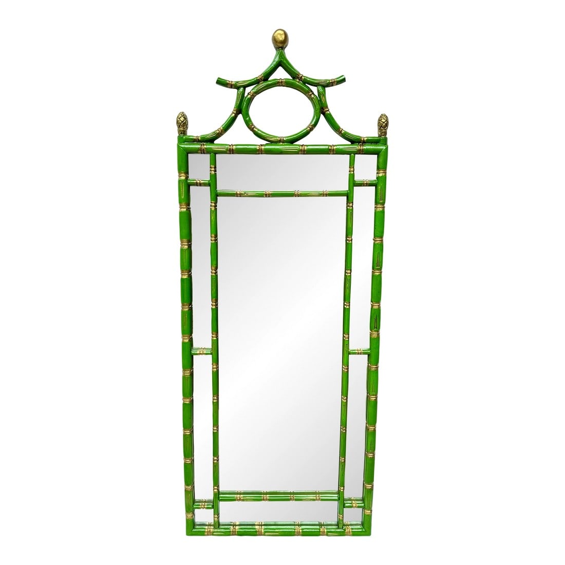 Vintage Palm Beach Regency Pagoda Style Faux Bamboo Full Length Wall Mirror - Newly Painted Green an: Elevate your home décor with this exquisite Vintage Palm Beach Regency Pagoda Style Faux Bamboo Wall Mirror, a true statement piece that embodies the elegance of Chinoiserie design. Discovered