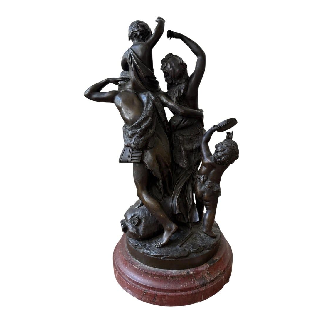 French Rococo Continental Bronze Statue After Clodion Faun Family. Sits on a Red Marble Stand: The "Faun Family" by Claude Michel, known as Clodion, is a notable bronze sculpture that captures the playful and intimate nature of a faun family. Clodion was a French sculptor active in the late