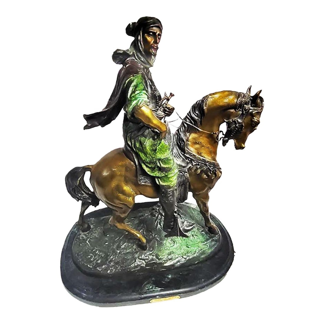 Arab Huntsman on Horse Bronze Sculpture by Antoine-Louis Barye - Signed: Antoine-Louis Barye bronze Arab Hunter on Horseback This stunning Orientalist bronze sculpture depicts a magnificent Arabian horse & rider poised in a moment of movement and strength, originally