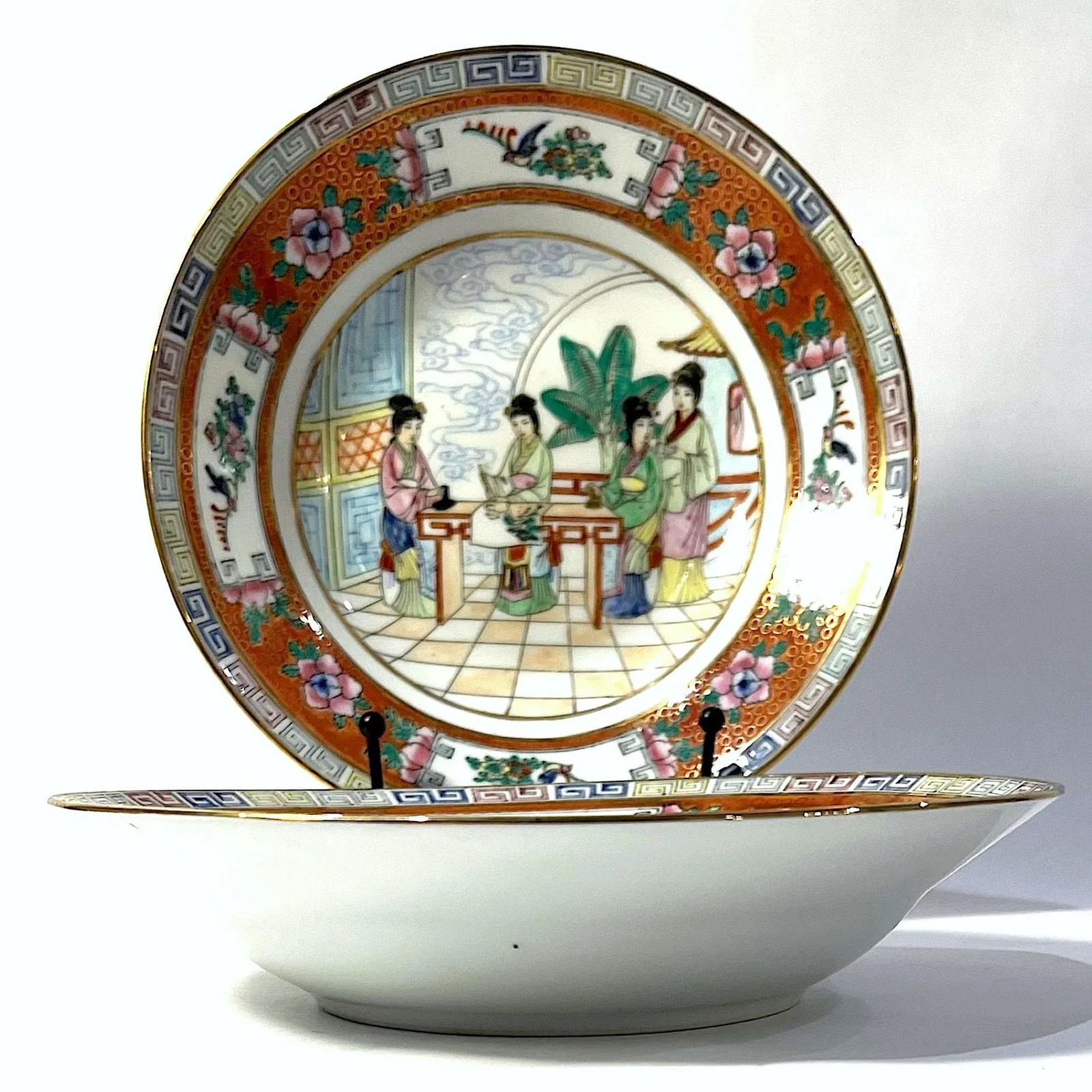 Vintage Famille Rose Mandarin Chinoiserie Porcelain Dinnerware Service for 12 - Set of 82 pcs - 10