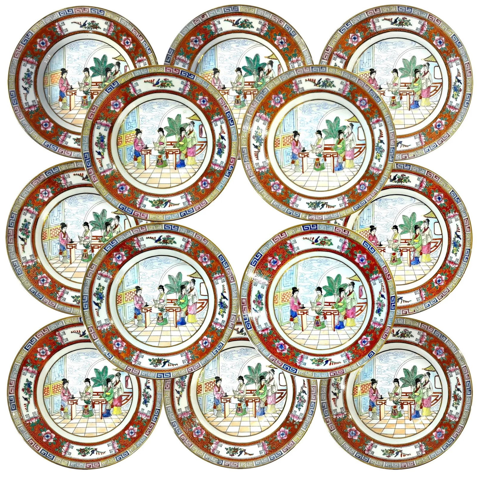 Vintage Famille Rose Mandarin Chinoiserie Porcelain Dinnerware Service for 12 - Set of 82 pcs - 11