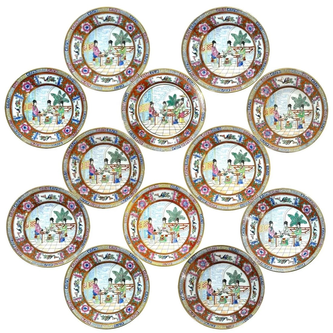 Vintage Famille Rose Mandarin Chinoiserie Porcelain Dinnerware Service for 12 - Set of 82 pcs - 13