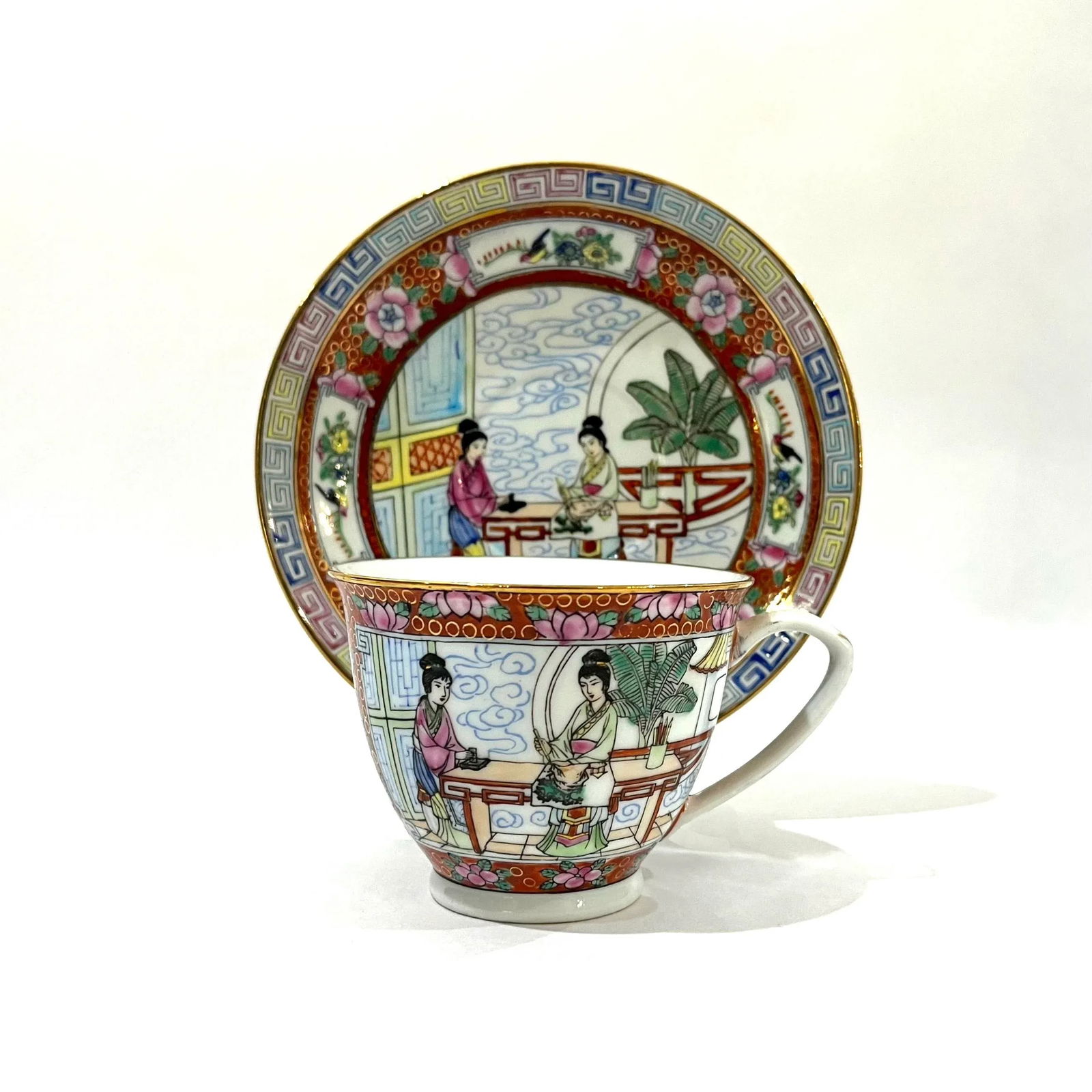 Vintage Famille Rose Mandarin Chinoiserie Porcelain Dinnerware Service for 12 - Set of 82 pcs - 14