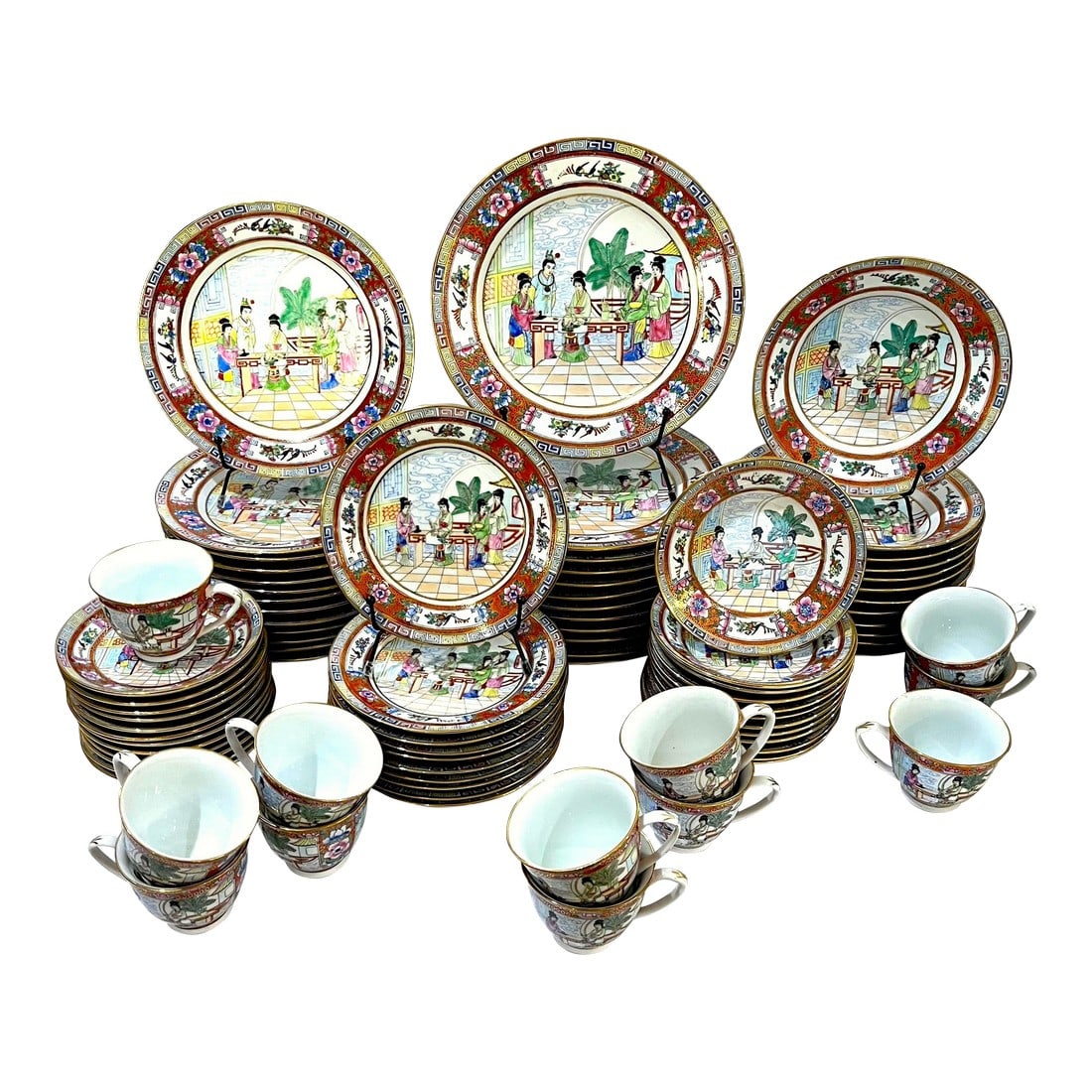 Vintage Famille Rose Mandarin Chinoiserie Porcelain Dinnerware Service for 12 - Set of 82 pcs: Intricately hand-painted 82 piece Famille Rose Porcelain dinnerware service for twelve. With 24 carat gold accents. Purchased in the People's Republic of China in the 1970's. It was rarely if ever