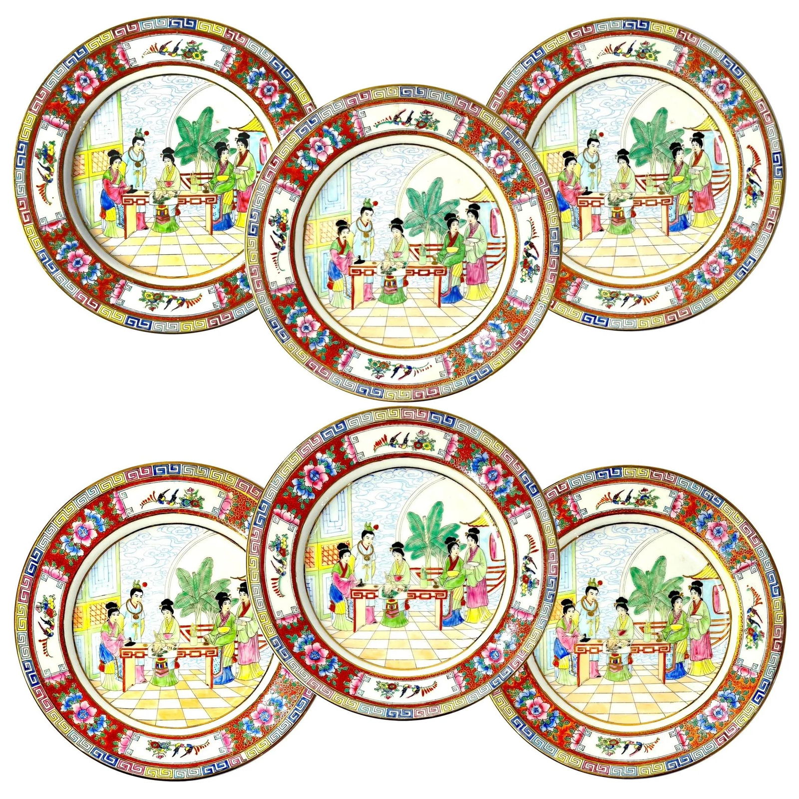 Vintage Famille Rose Mandarin Chinoiserie Porcelain Dinnerware Service for 12 - Set of 82 pcs - 3