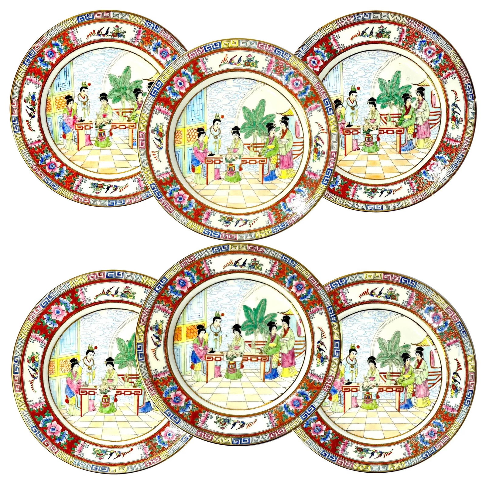 Vintage Famille Rose Mandarin Chinoiserie Porcelain Dinnerware Service for 12 - Set of 82 pcs - 4