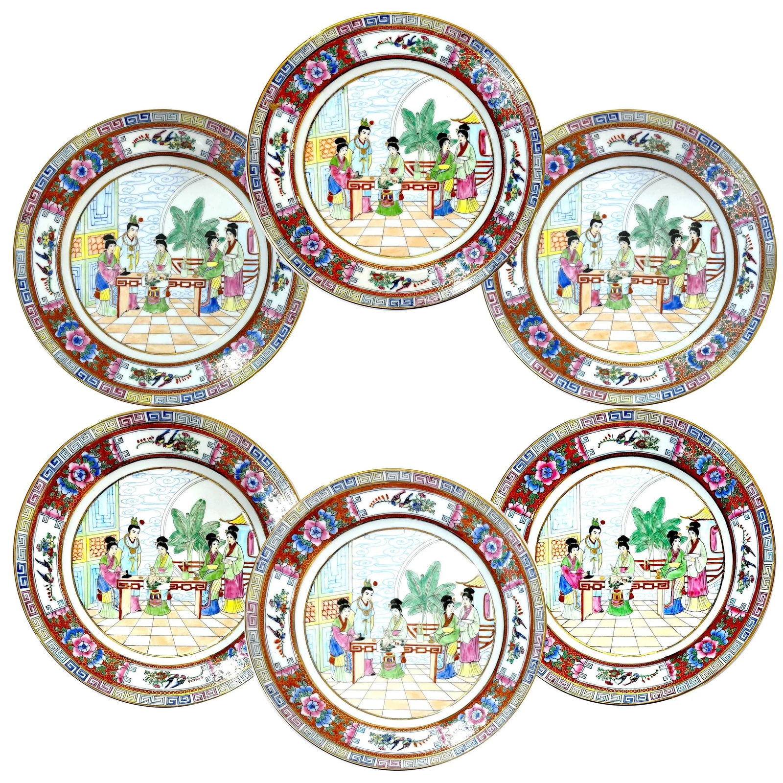 Vintage Famille Rose Mandarin Chinoiserie Porcelain Dinnerware Service for 12 - Set of 82 pcs - 6