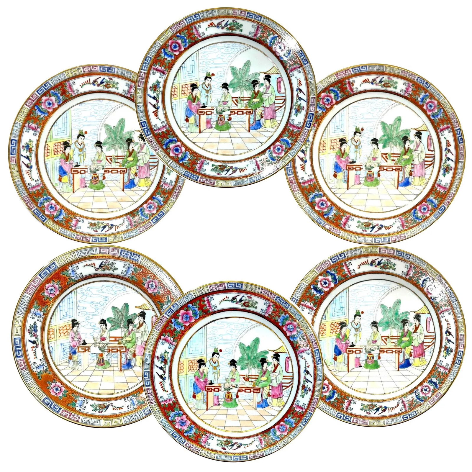 Vintage Famille Rose Mandarin Chinoiserie Porcelain Dinnerware Service for 12 - Set of 82 pcs - 7
