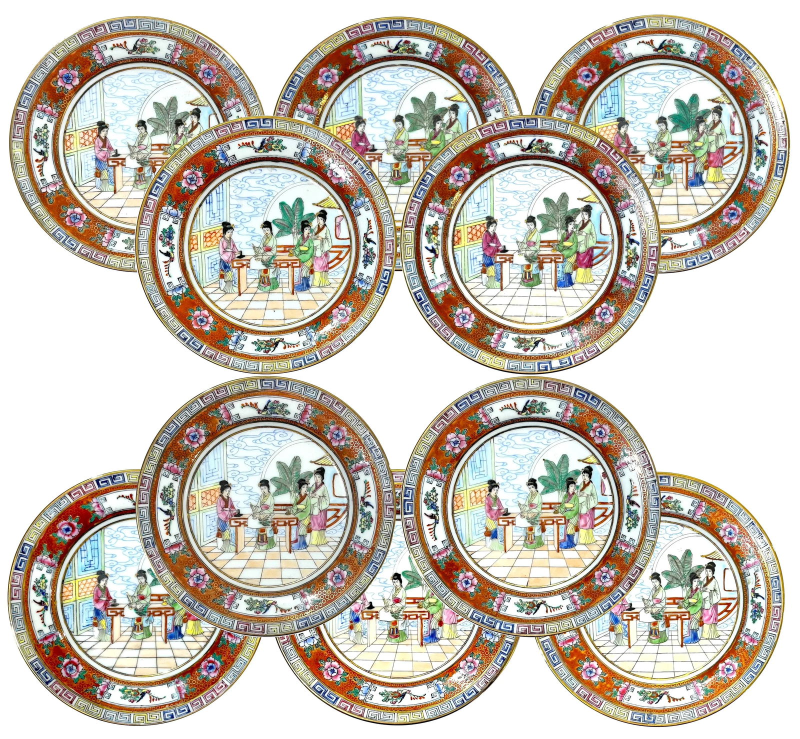 Vintage Famille Rose Mandarin Chinoiserie Porcelain Dinnerware Service for 12 - Set of 82 pcs - 9