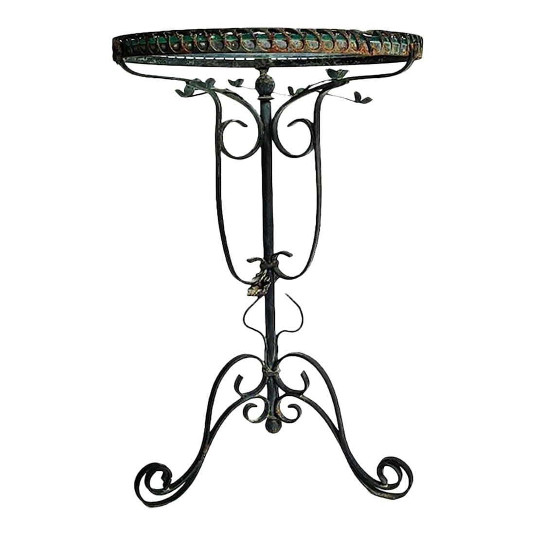 French Iron Garden Table Circa 1920s: Rare & one of a kind Deco era or earlier French iron garden table. Touches of rust as shown in photos plus the glass top is heavily etched (see second photo.) The glass is embedded in the iron rim and