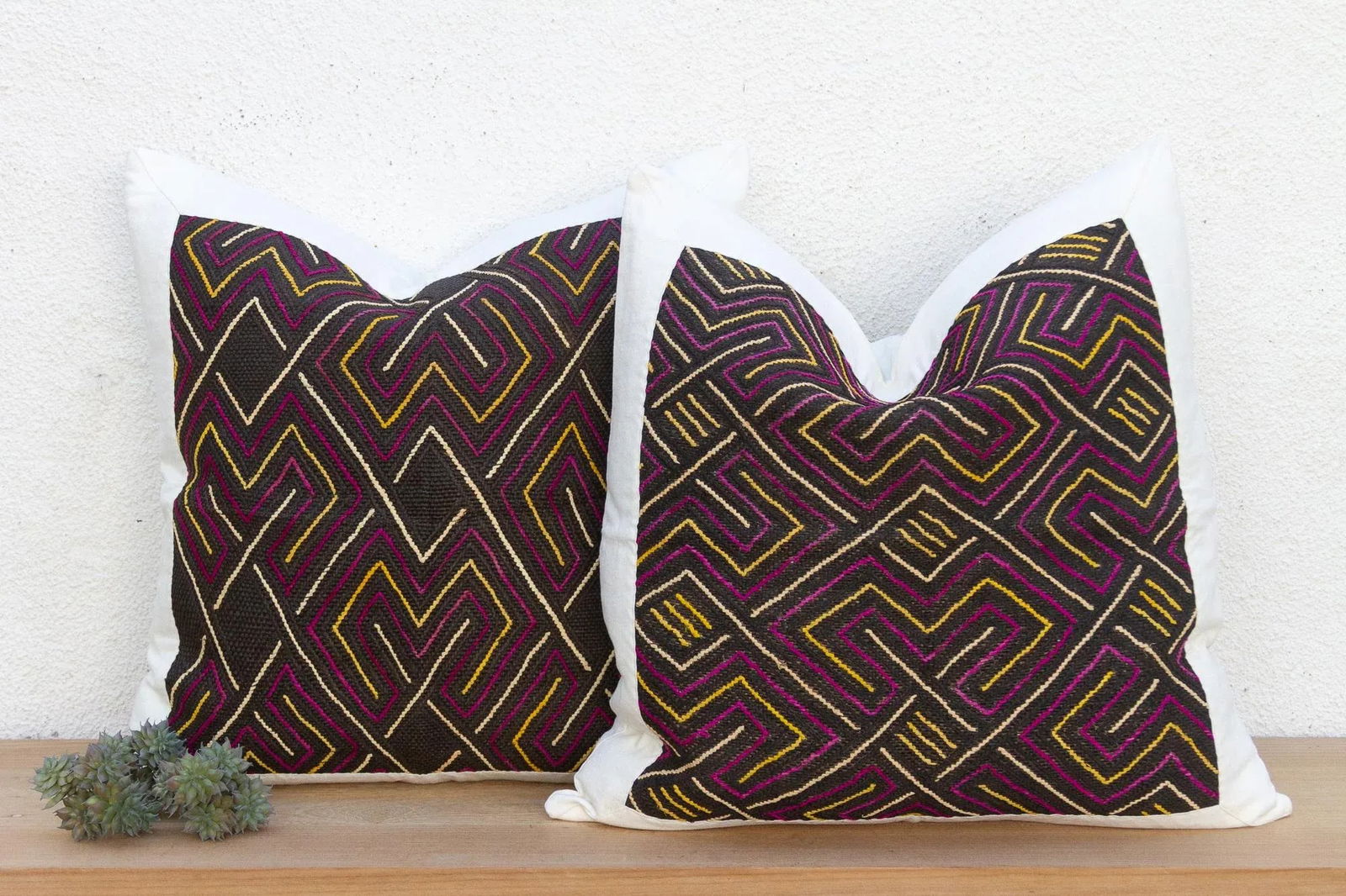 Ancestral Maze, Pair of Large African Kuba Cloth Pillows - 2