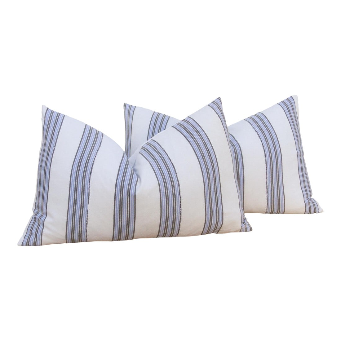 Vintage French Farmhouse Stripe Lumbar Pillows, a Pair: This elegant pair of decorative pillows captures the quiet charm of European utility textiles. Each 16 x 24-inch lumbar pillow is crafted from genuine vintage linen, featuring the classic ticking stri