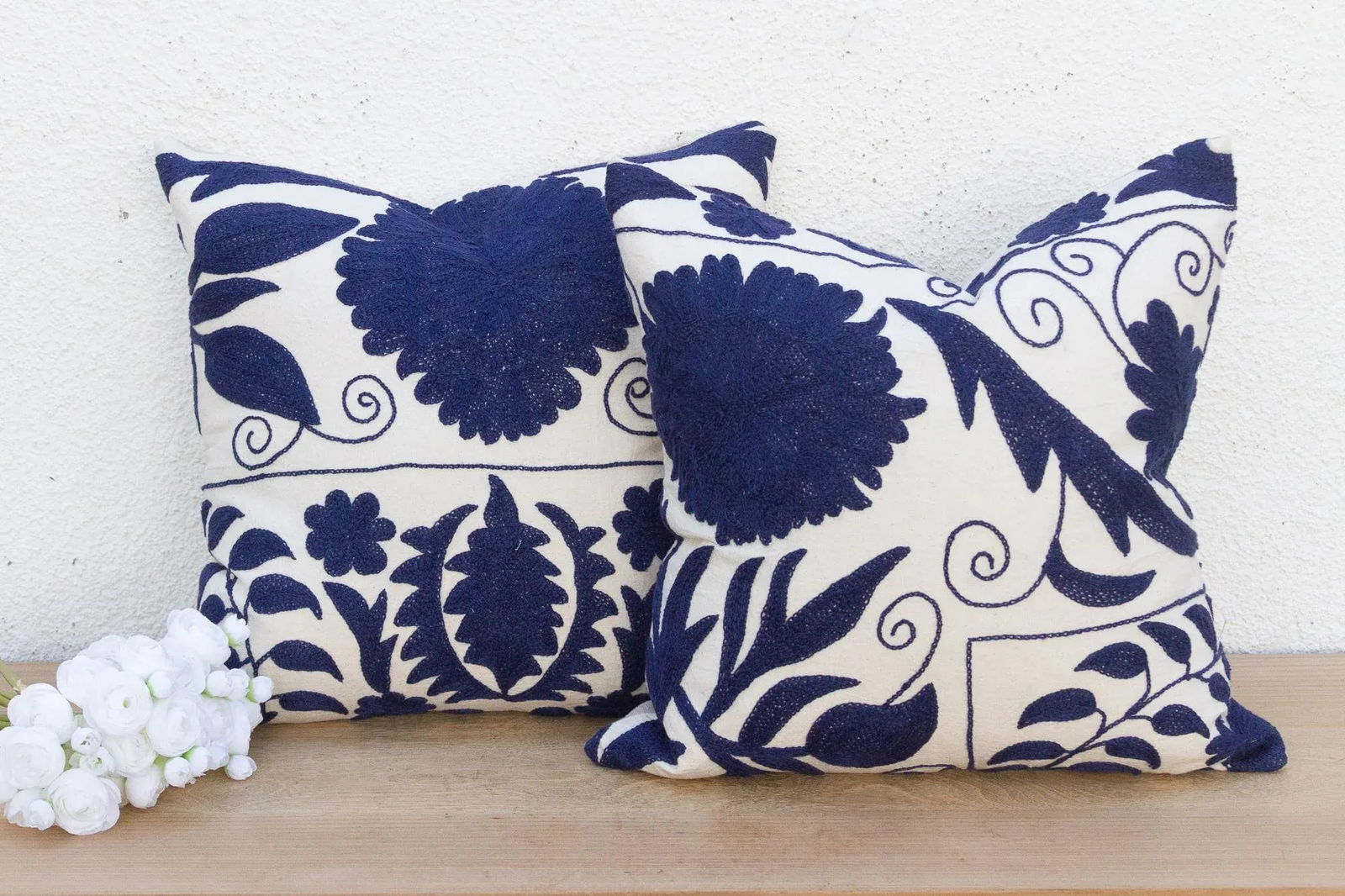 Pair of Indigo Blue Hand Embroidered Suzani Pillows - 2