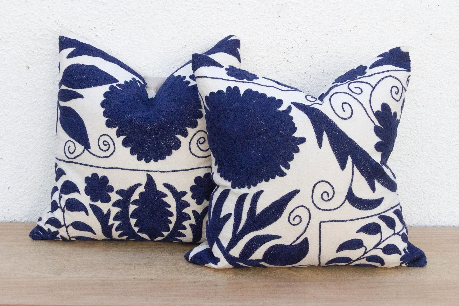 Pair of Indigo Blue Hand Embroidered Suzani Pillows - 3