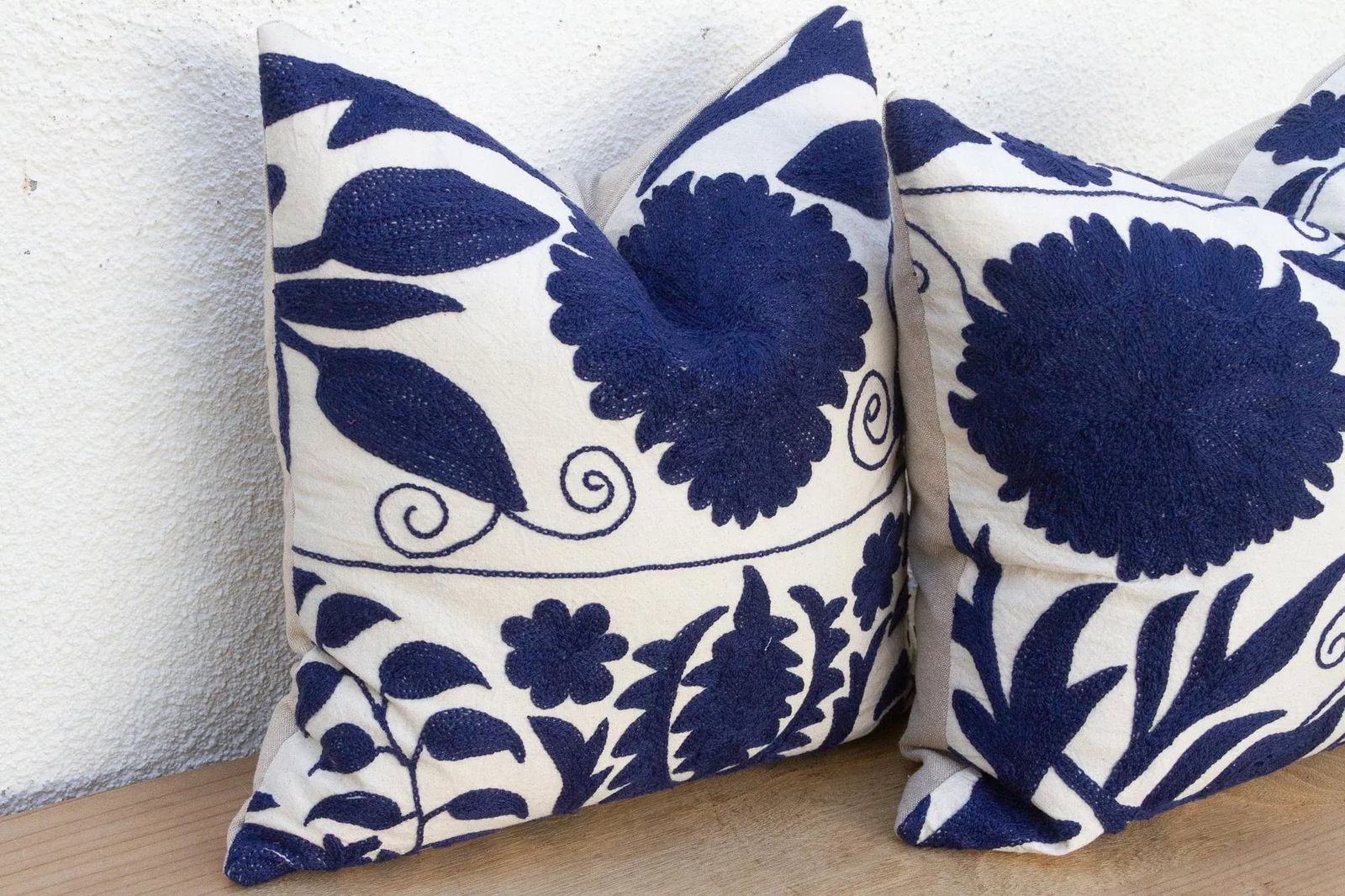 Pair of Indigo Blue Hand Embroidered Suzani Pillows - 4