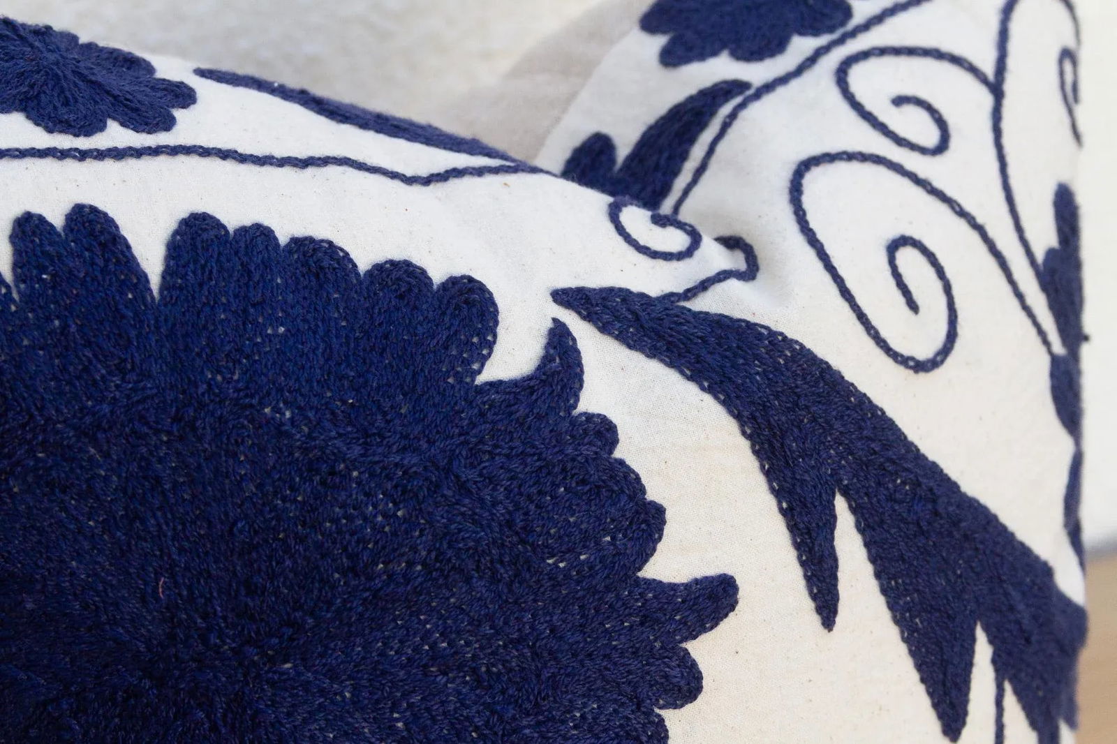 Pair of Indigo Blue Hand Embroidered Suzani Pillows - 5