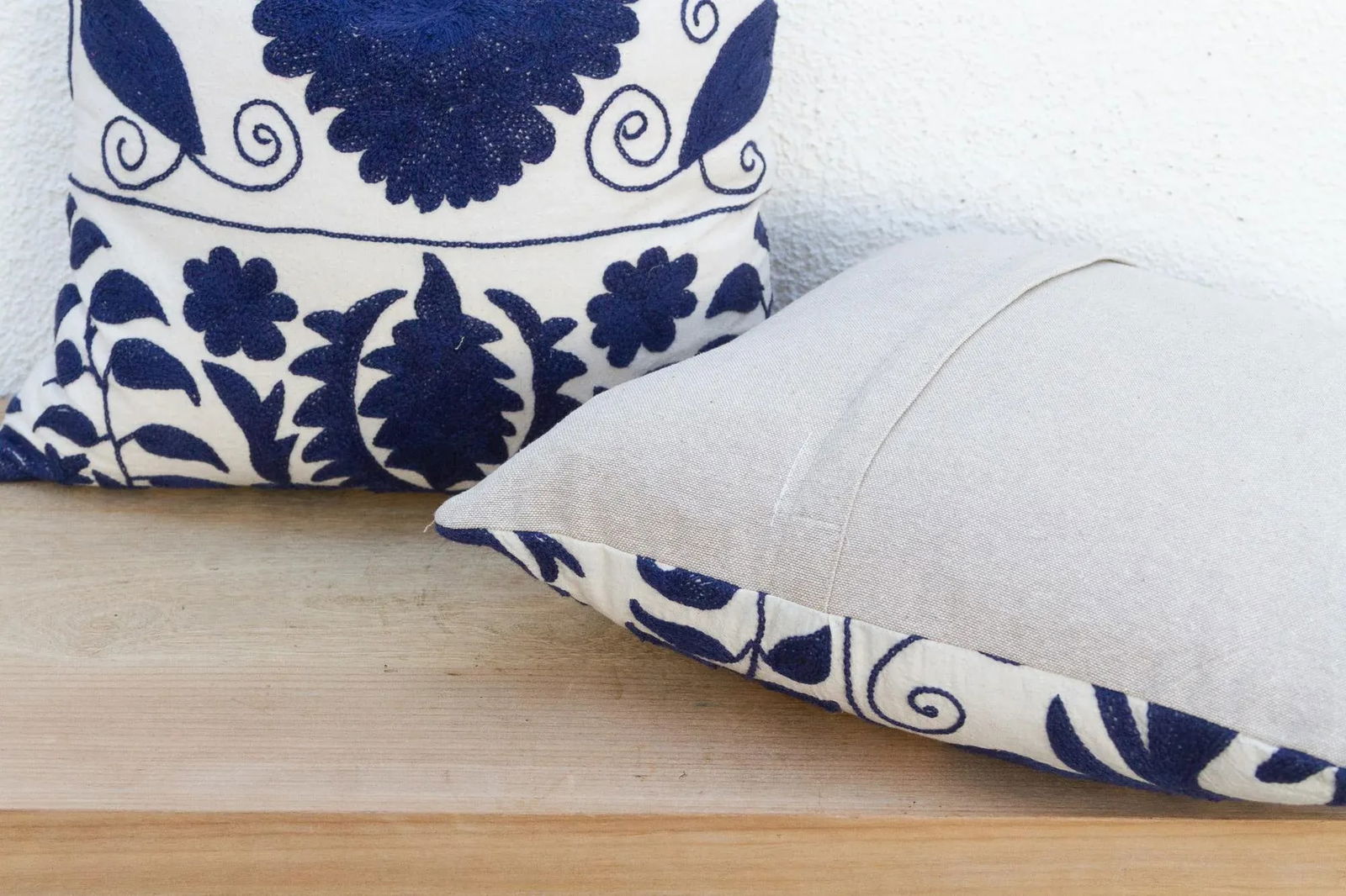 Pair of Indigo Blue Hand Embroidered Suzani Pillows - 7