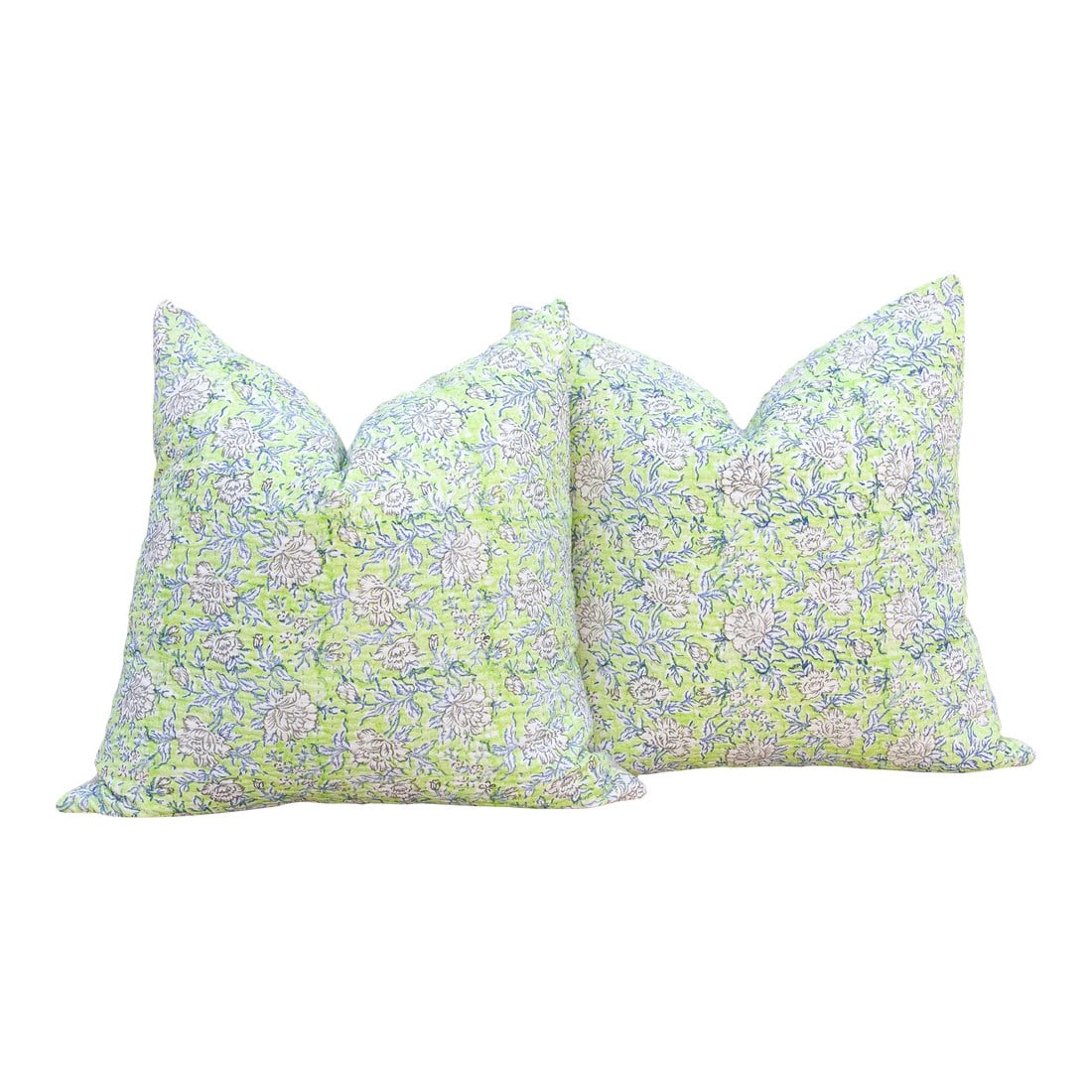 Jaipur Spring, Pair of Large Vibrant Block Print Pillows: This magnificent pair of decorative pillows is a celebration of dual textile artistry. Each large 24-inch square pillow is crafted from genuine Kantha textile, a prestigious cloth from India renowned