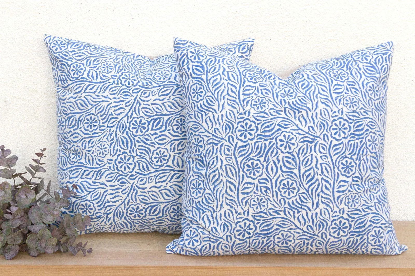 Jodhpur Garden, Blue & White Floral Block Print Pillows, Pair - 2