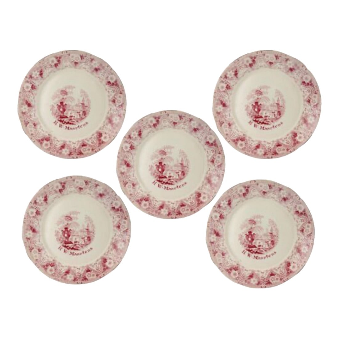 c.1810 English h.w. Maartens Family Creamware Plates: An exceptional set of five early 19th-century Staffordshire transferware plates, each bearing the impressed mark of Dixon Austin & Co., Sunderland potteries, England, circa 1810–1820. The