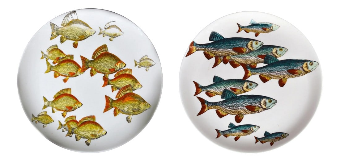 Piero Fornasetti Fish Plates, Pesci Pattern or Passage of Fish, Numbered # 2 & 3 - a Pair (1 of 9)