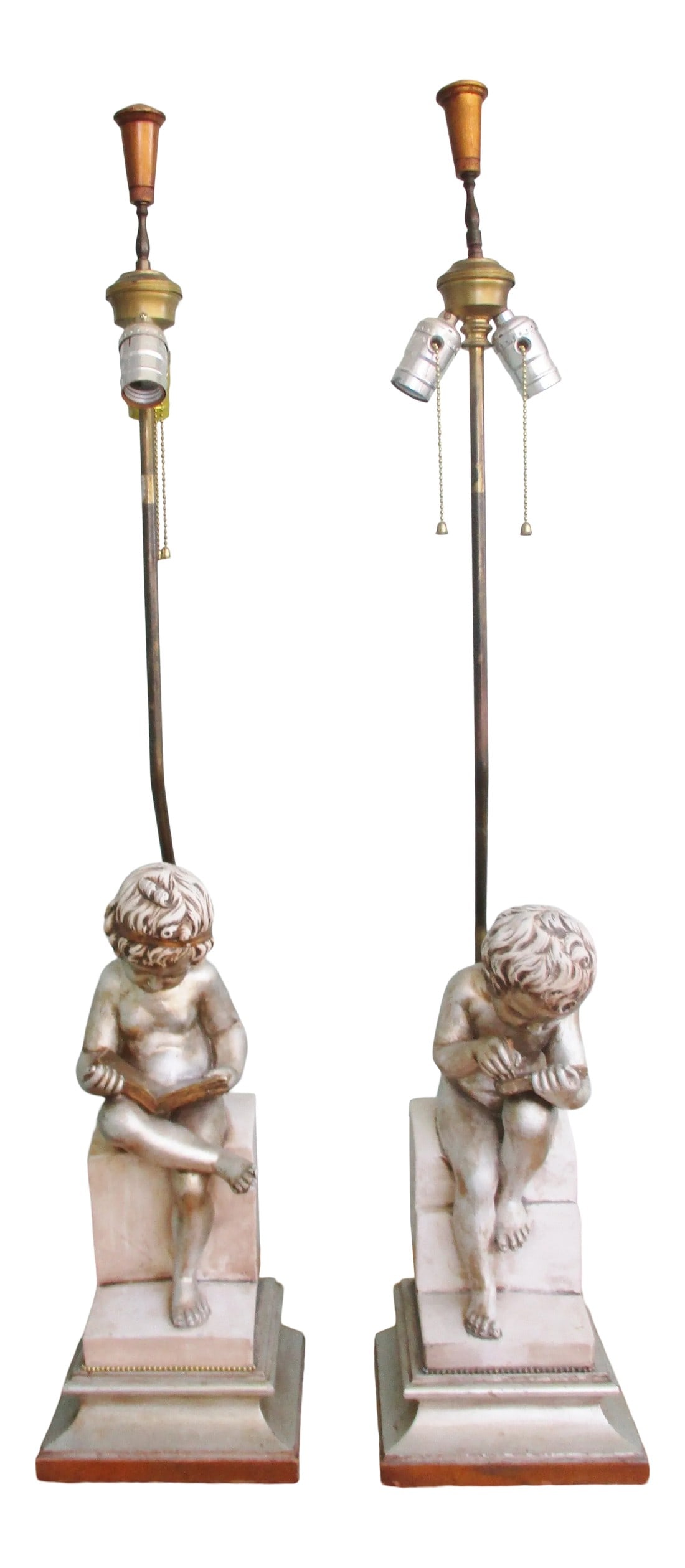 1940s Child Reading and Child Writing Marble Lamps After Charles-Gabriel Sauva - a Pair: Pair of Marble Sculpture Table Lamps Child Reading and Child Writing after Charles-Gabriel Sauva Each is a marble sculpture on a wood base. Overall each measures 40.00" in height. The child writing la