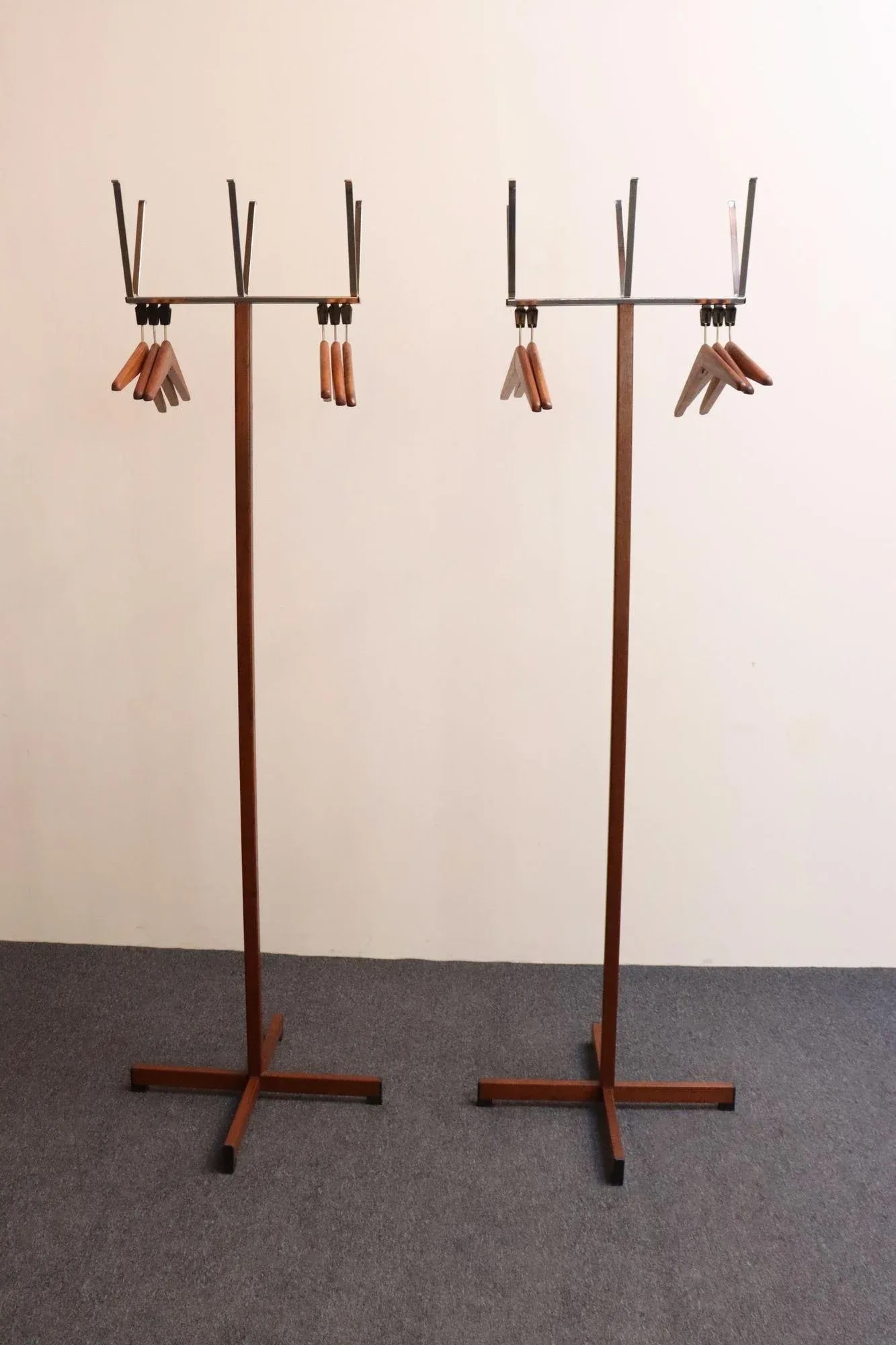 Pair of Modernist Chrome and Walnut Coat and Hat Trees / Racks by Vogel Peterson - 4