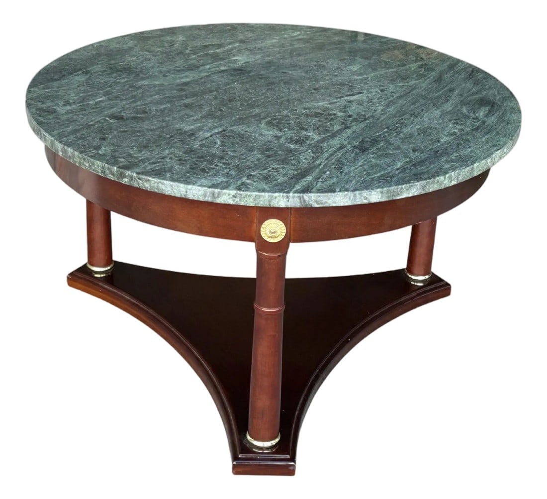 Vintage Regency-Style Mahogany Coffee Table With Green Marble Top: Vintage Regency-Style Mahogany Coffee Table with Green Marble Top | 1980s Neoclassical Empire Brass Accent Center Table (Attributed to Bombay Company) This stunning 1980s Neoclassical