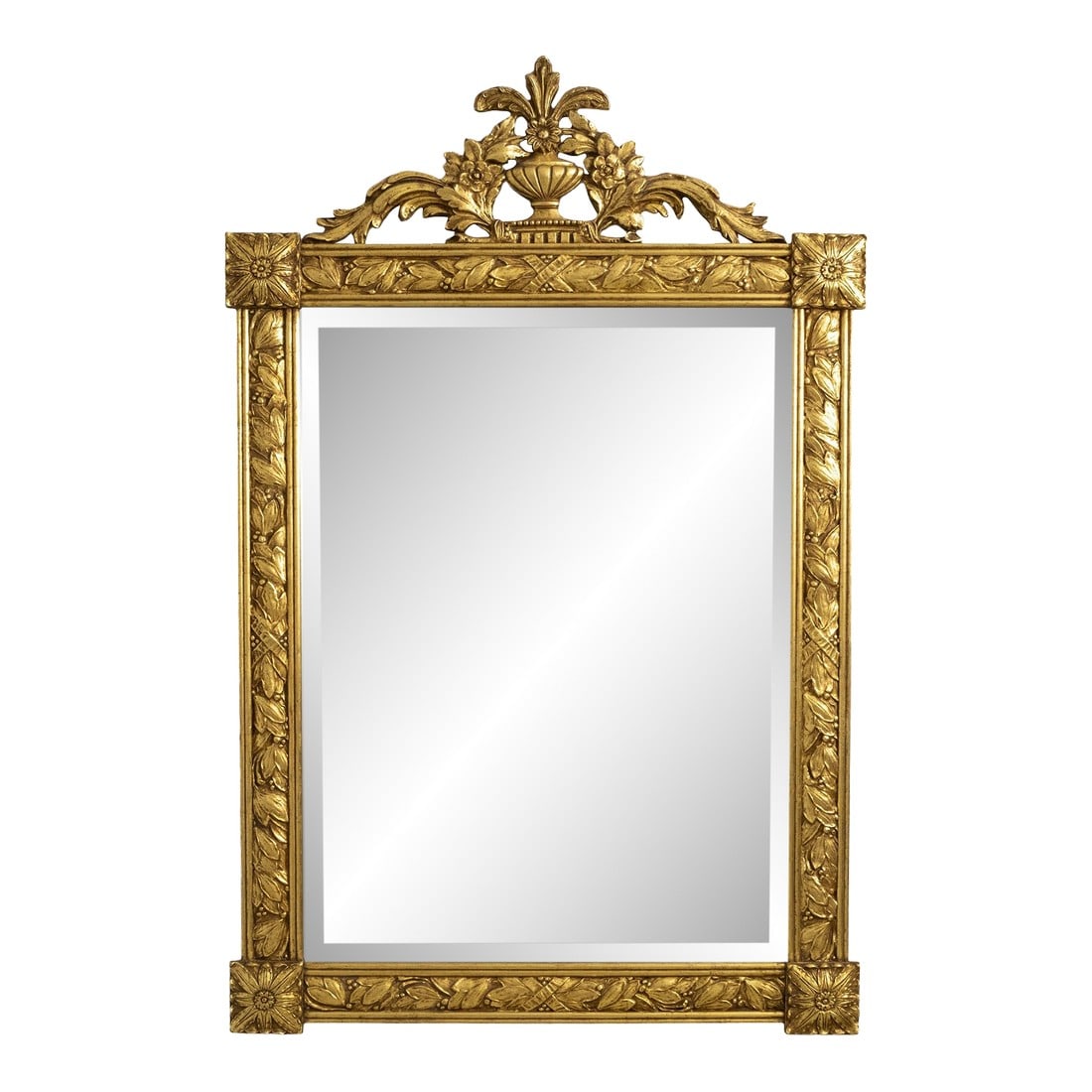 Friedman Brothers Neoclassical Giltwood Hanging Mirror: Age: Approx: 30 Years Old Details: 9D Gold Beveled Glass Fine Carved Details High Quality Construction French Style Urn, Leaf, Flower Motif On Crest Gold Leaf Finish Offered @ Fraction Original Retail