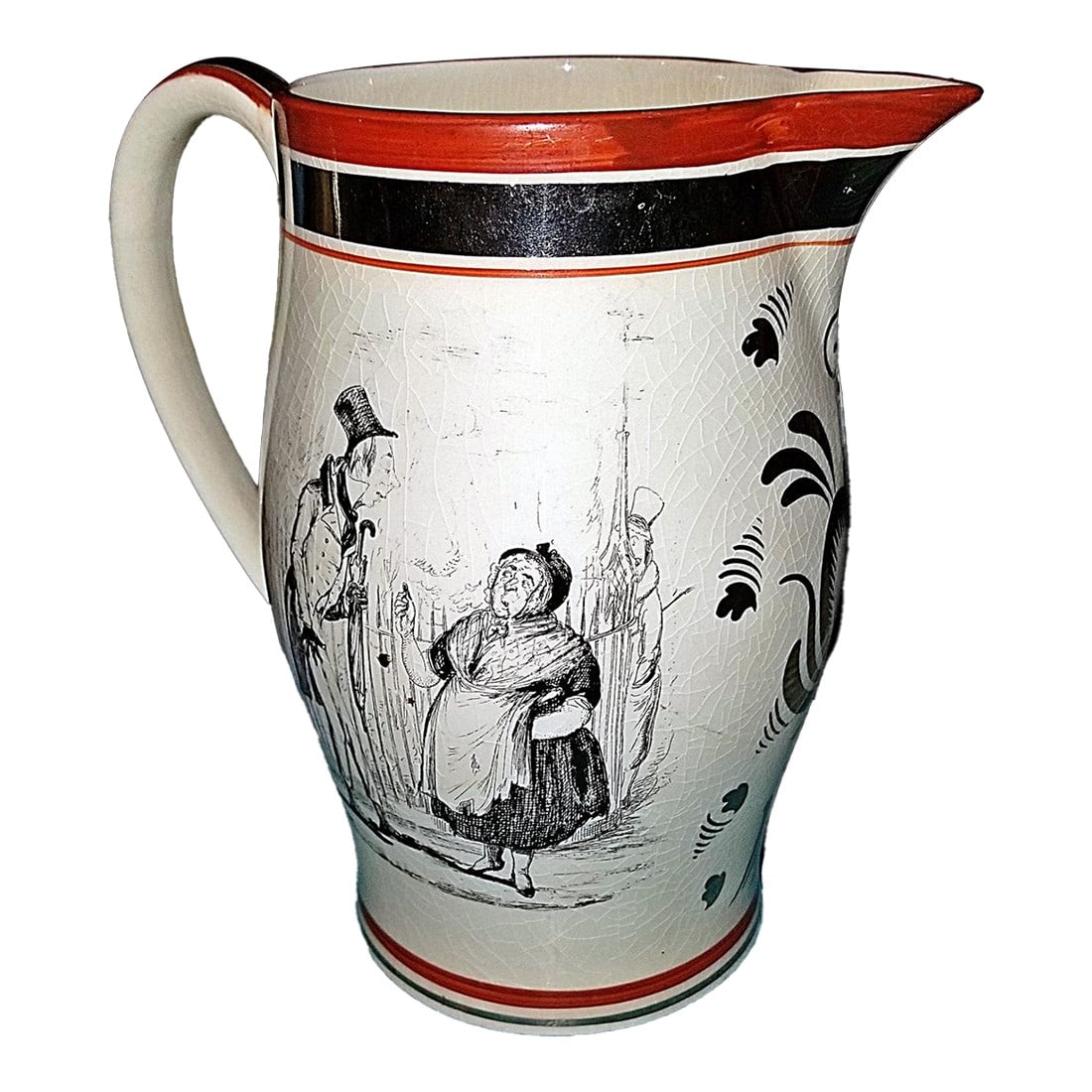 English 1800s Creamware Pitcher Jug: Antique Liverpool creamware ceramic pitcher with the classic period scene under a cracquelured glaze. These were popular in the 18-19c with political figures or dedications as decor, silvered and