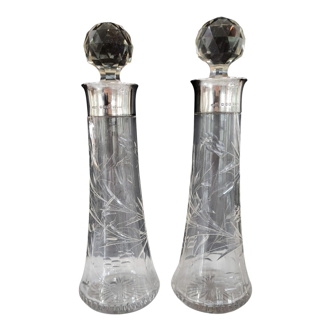 Antique English Sterling Silver & Cut Crystal Decanter Pair "” 1899 Birmingham j.g & S (1 of 16)