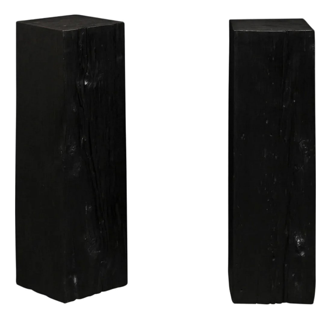 19th Century Indonesian Carbonized Ironwood Pedestal Columns – A Pair: An Indonesian pair of carbonized ironwood columns from the 19th century. These antique pedestals from Indonesia have squared bodies, which have been created from reclaimed Merbau wood which has been c