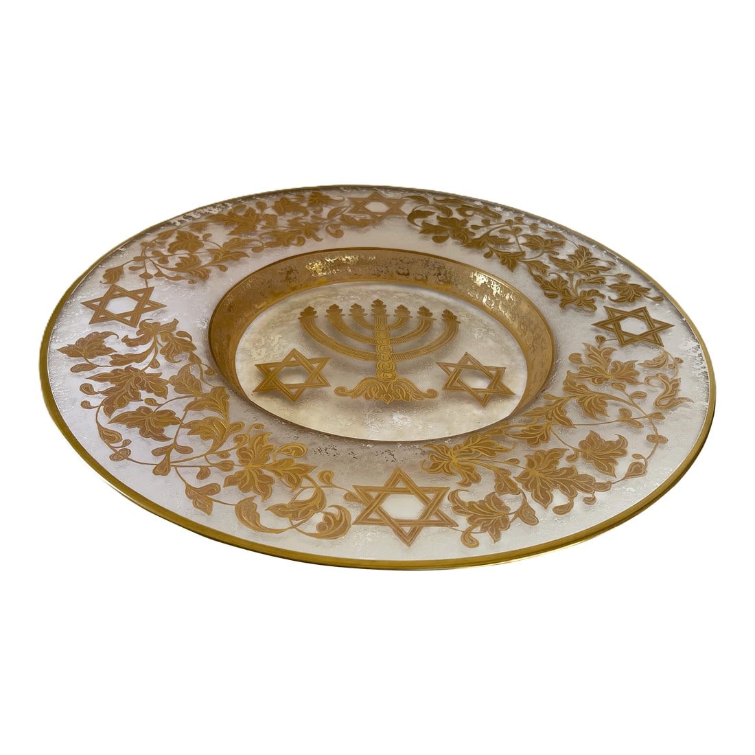 Murano Crystal and Gold-Etched Hanukkah Judaica Display Plate: Celebrate the beauty of tradition with this collectible, stunning handmade crystal display plate from Murano, Italy"”an elegant fusion of Venetian artistry and timeless Judaica design. Crafted