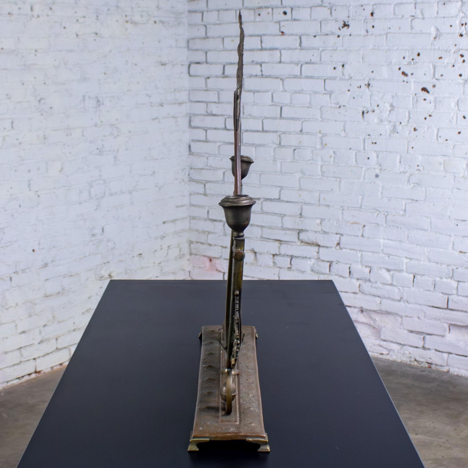 Late 19th to Early 20th Century Art Nouveau Tabletop Metal Vanity Oval Beveled Mirror W/Candle Holde - 12