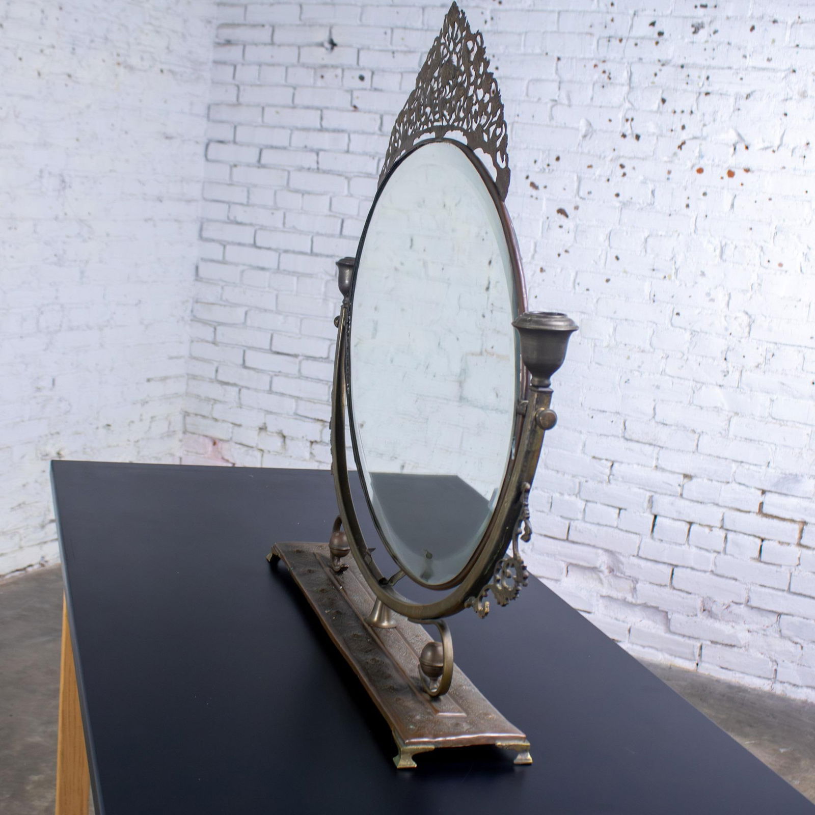 Late 19th to Early 20th Century Art Nouveau Tabletop Metal Vanity Oval Beveled Mirror W/Candle Holde - 14