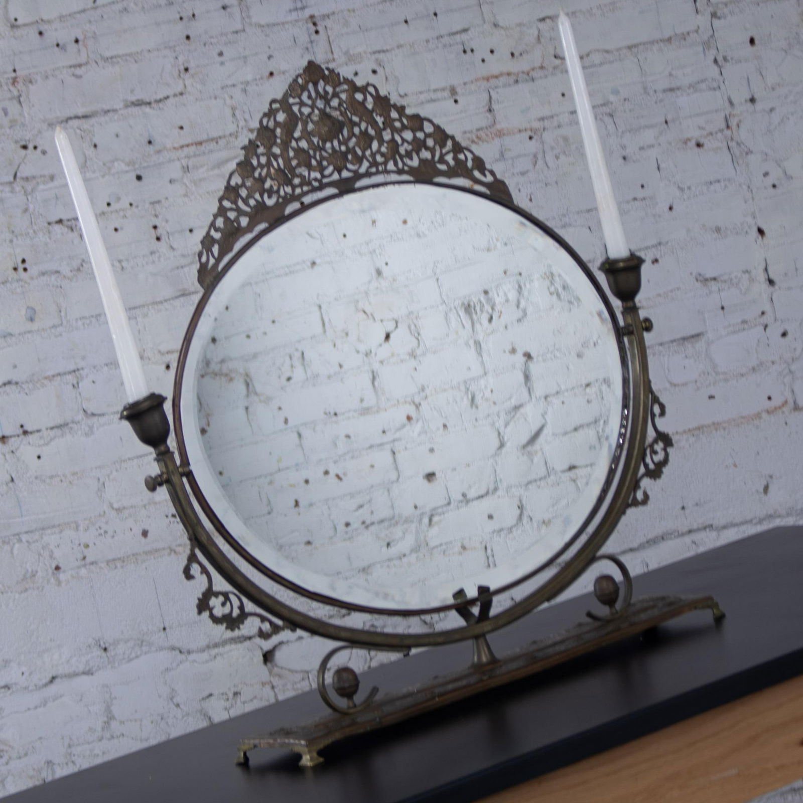 Late 19th to Early 20th Century Art Nouveau Tabletop Metal Vanity Oval Beveled Mirror W/Candle Holde - 15