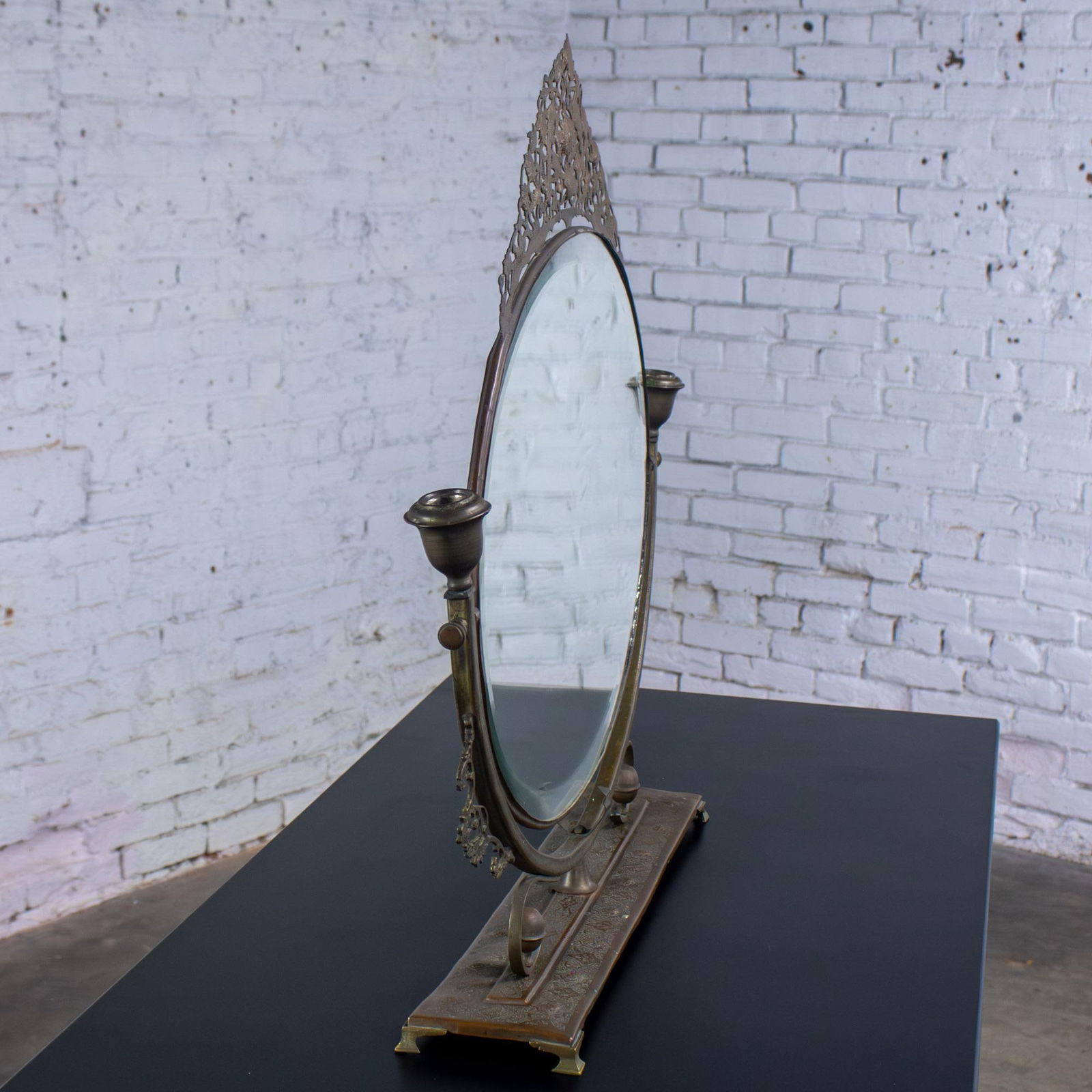 Late 19th to Early 20th Century Art Nouveau Tabletop Metal Vanity Oval Beveled Mirror W/Candle Holde - 16